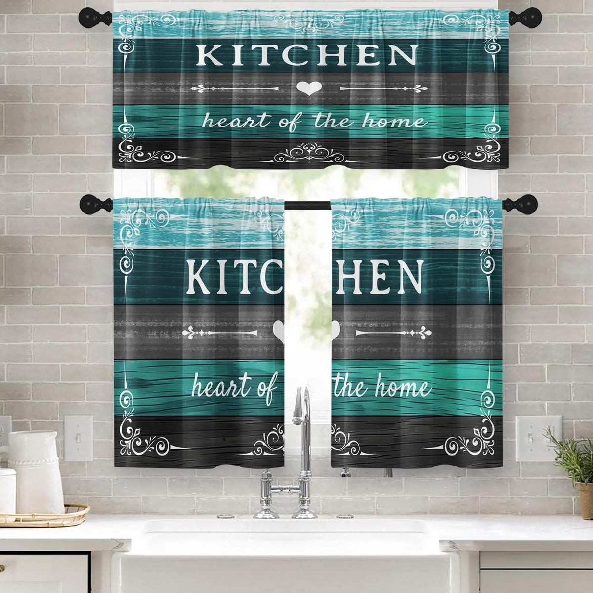 Kitchen Curtains Sets for Windows 52x36 Inch, 3 Pack Farmhouse Teal
