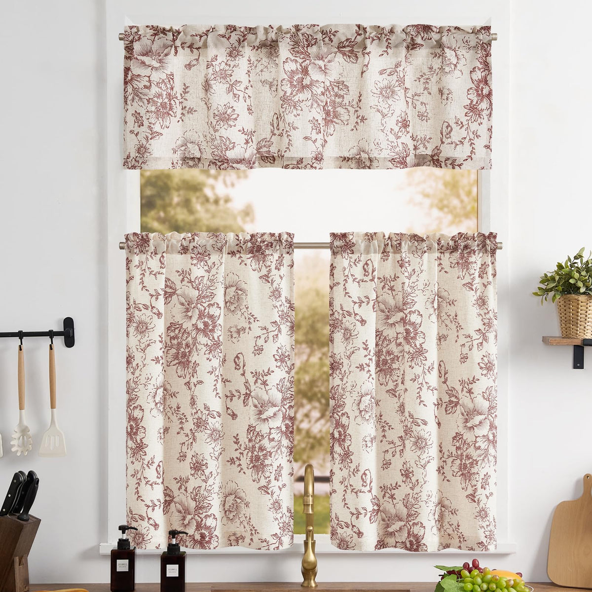 jinchan Green Linen Floral Kitchen Tier Curtains and Valance Set 3 Pieces