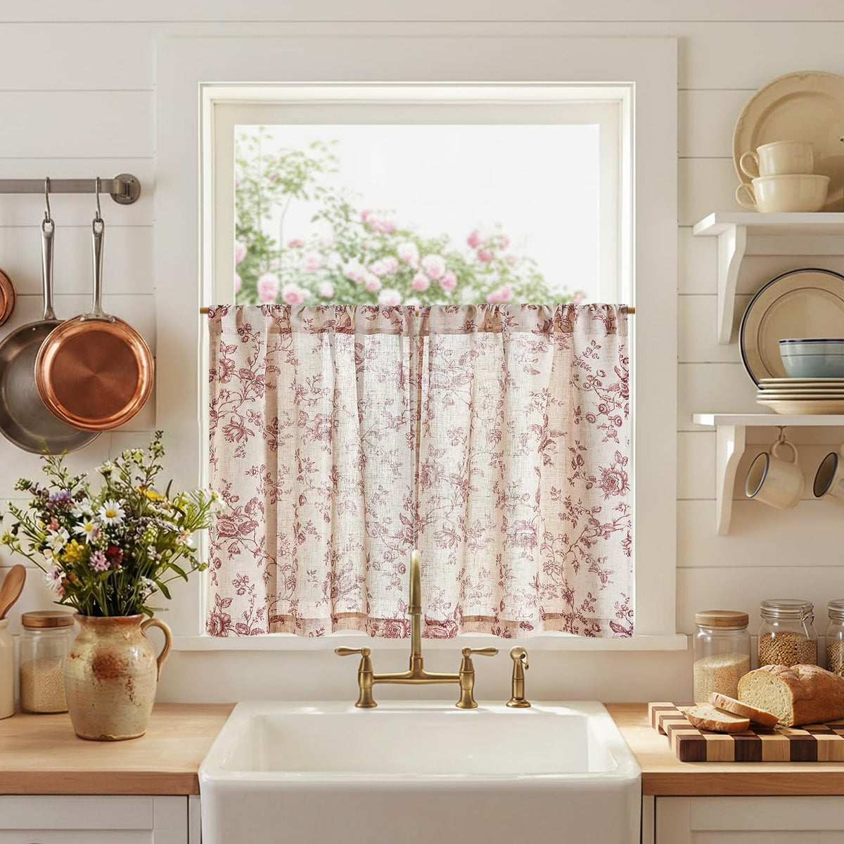 jinchan Floral Linen Kitchen Tier Curtains, 36 Inch, 2 Panels, Taupe