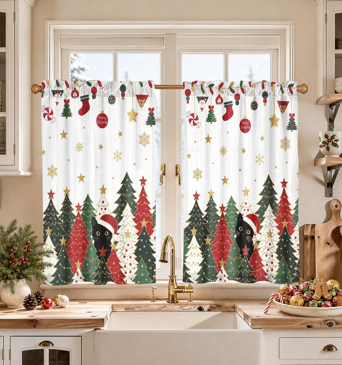 Miss Adola 36 Inch Length Kitchen Tier Curtains, Floral Cat