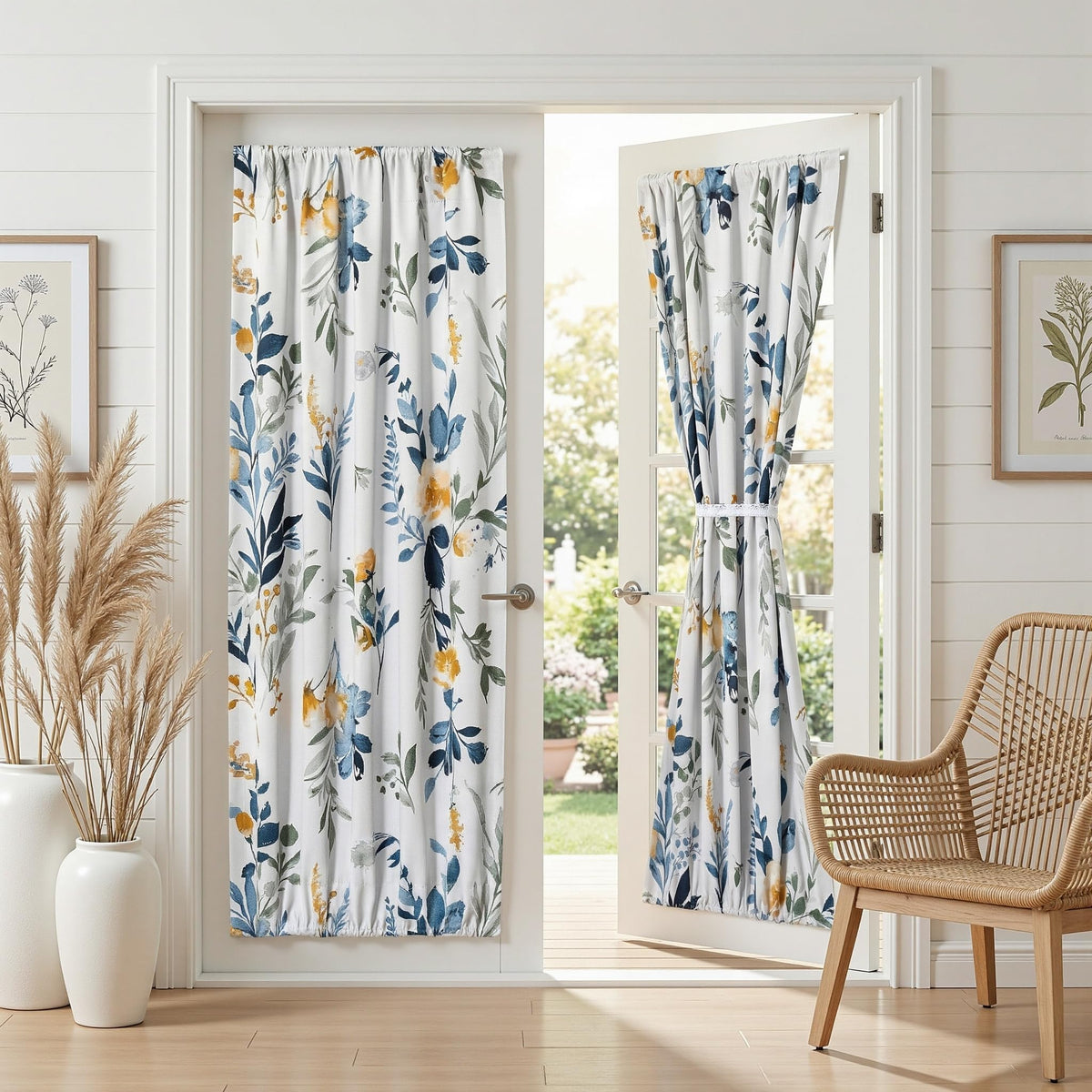MYSKY HOME Floral Blackout Curtains 45 inch Length 2 Panels Yellow and Blue
