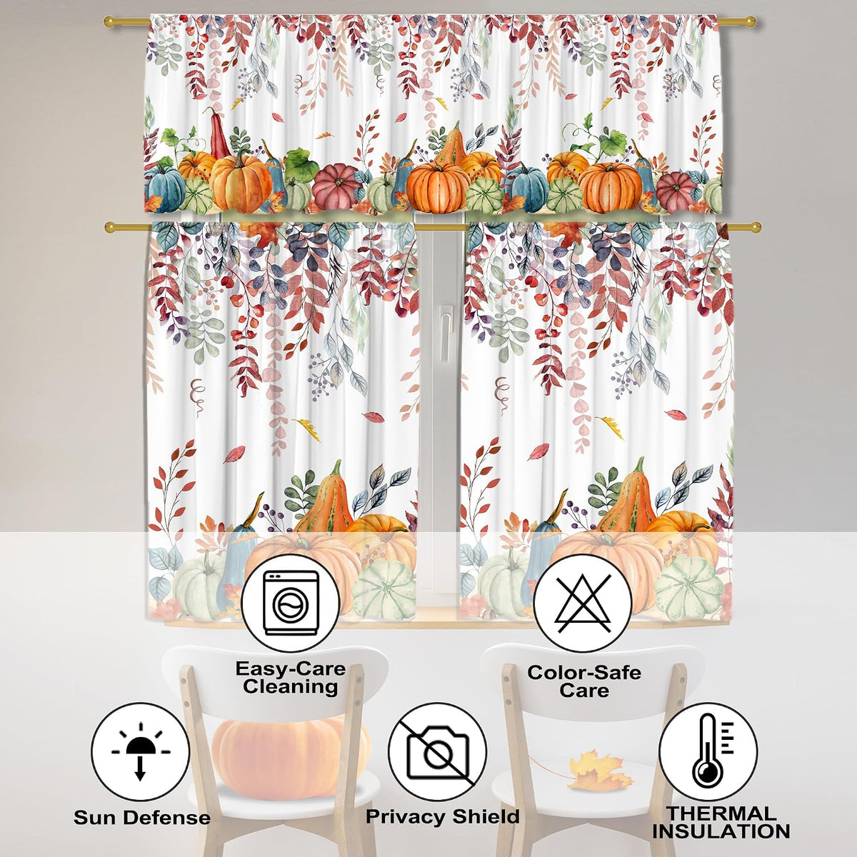FUTBU Fall Kitchen Curtains for Windows-Fall Decorations Leaves Pumpkin Valances-Autumn Leaf Curtains and Valances Set Decor for Cafe Living Room 27''x24'' 2 Panel & 54x18 Inch Tier Set Thanksgiving