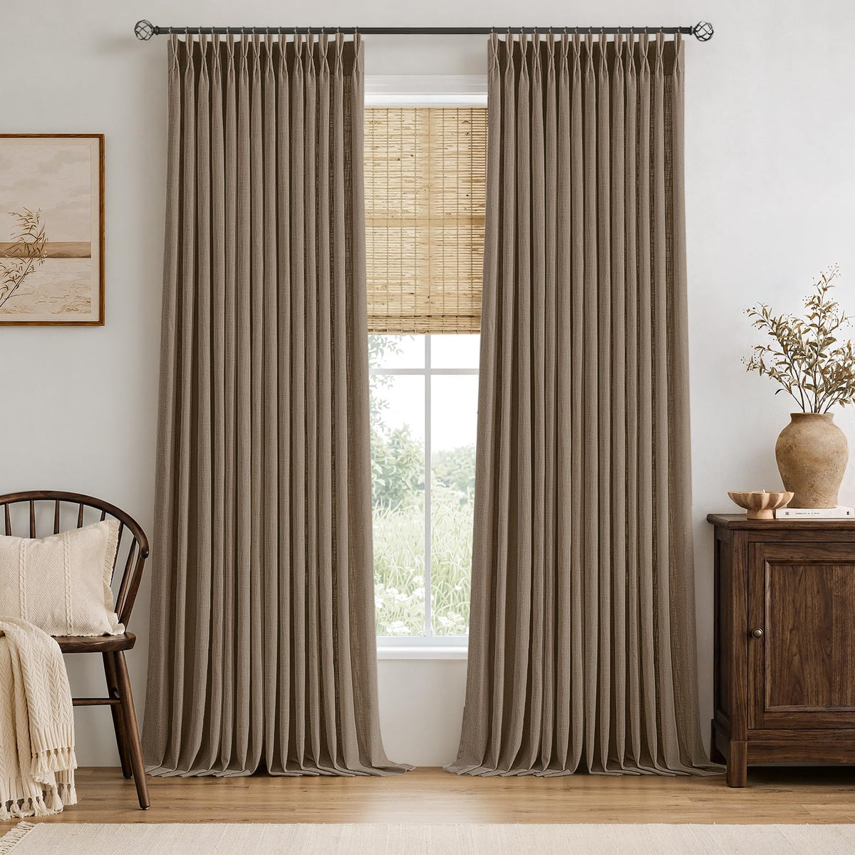 MIULEE Pinch Pleated Thick Linen Curtains 36 Inches Long 2 Panels Natural