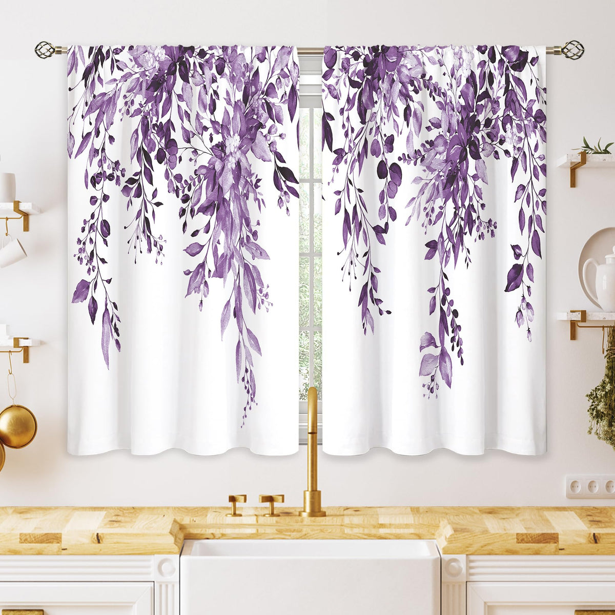Eucalyptus Botanical Leaves Floral Kitchen Window Curtains Over Sink Boho Farmhouse Flower Leaf Small Window Treatment Sage Green Cafe Short Curtains for Bathroom Tier Drapes 27.5x39 inch