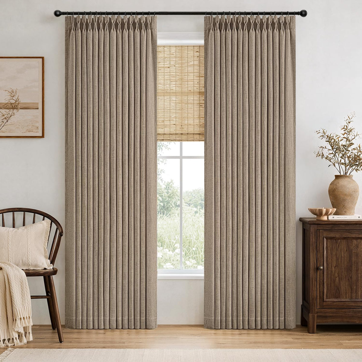 MIULEE Pinch Pleated Thick Linen Curtains 36 Inches Long 2 Panels Natural