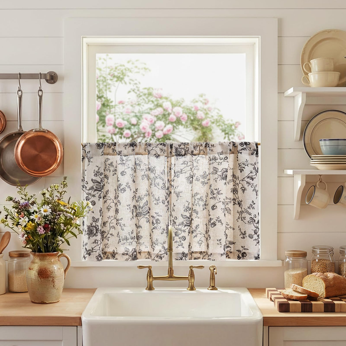 jinchan Floral Linen Kitchen Tier Curtains, 36 Inch, 2 Panels, Taupe