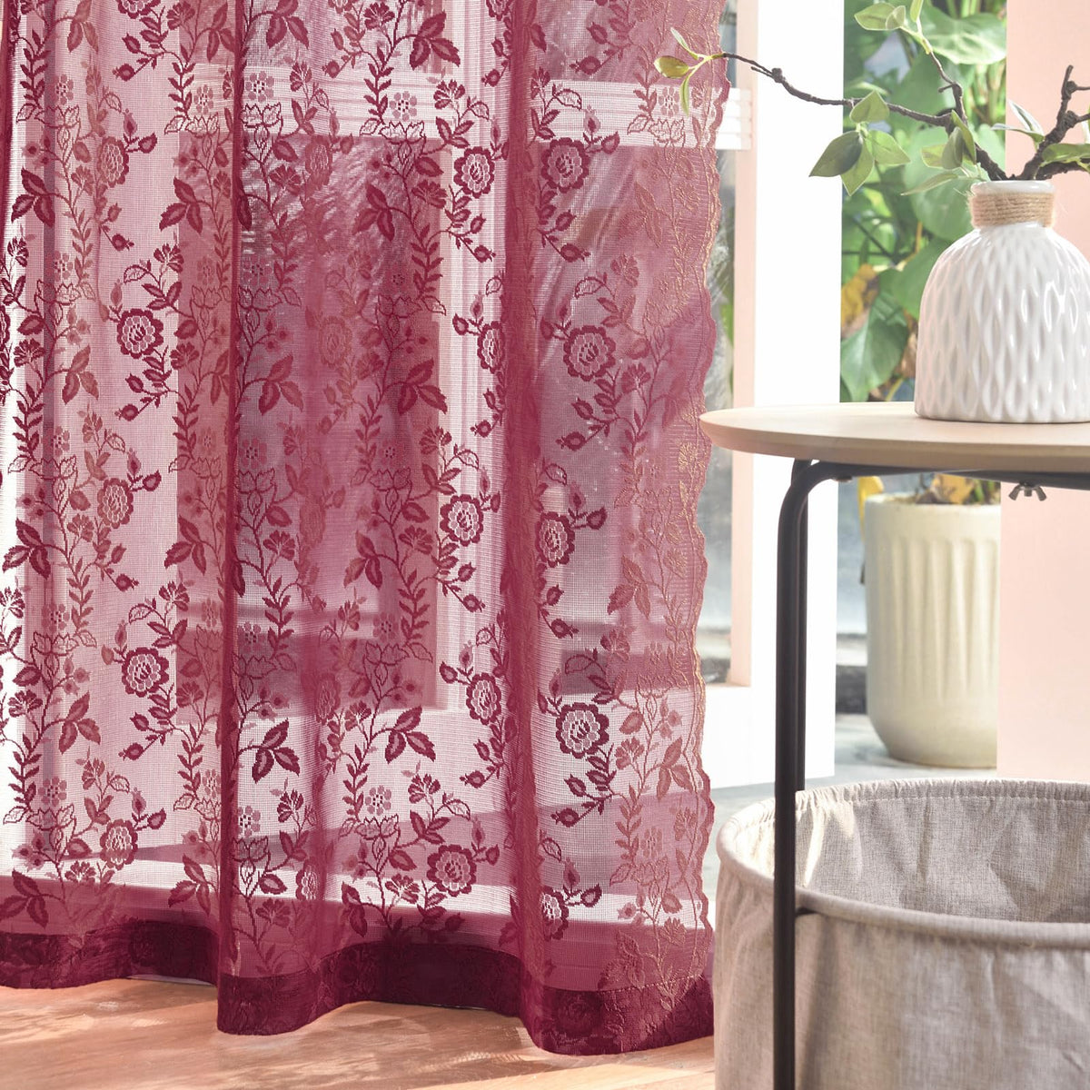 FINECITY Short Beige Lace Curtains Rustic Leaf Floral W42xL36 Inch 2 Panels