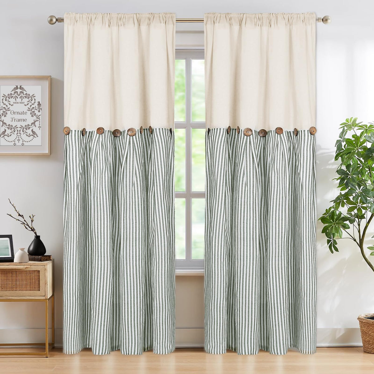 ASPMIZ Cotton Linen Kitchen Valance Curtains, Boho Rustic Button Linen Valances for Windows Farmhouse, Black with Grey Stripe Valance Window Topper Treatment Window Valances for Bathroom, 52 x 18 Inch