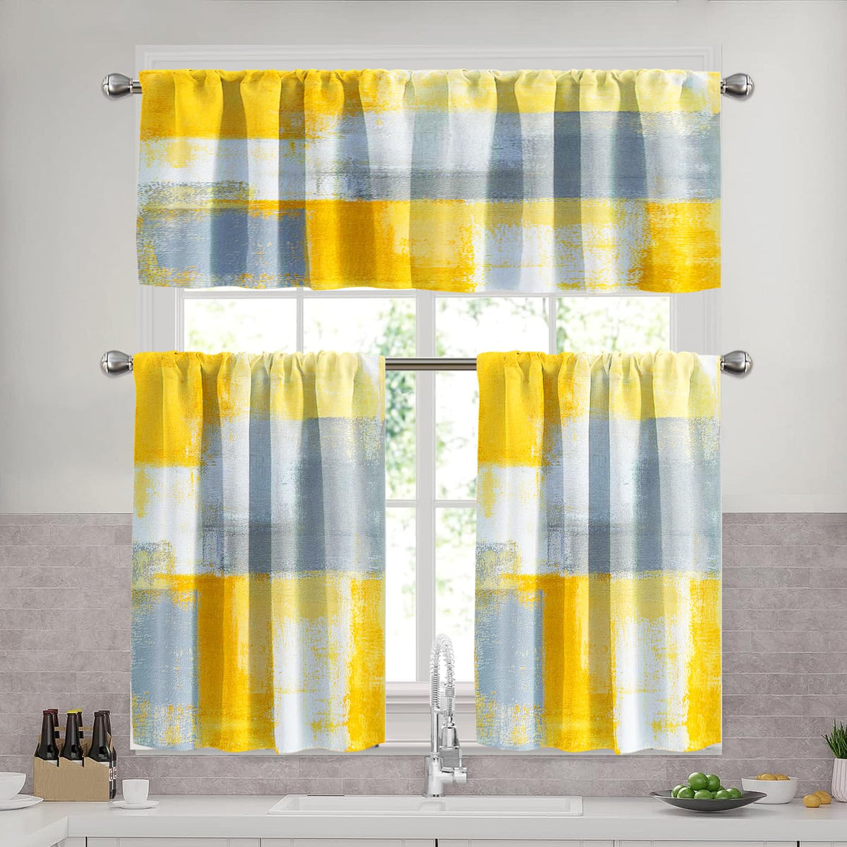 Blue Brown Kitchen Curtains Set, 3 Piece 52x36 Inch Valance & Tier Curtains