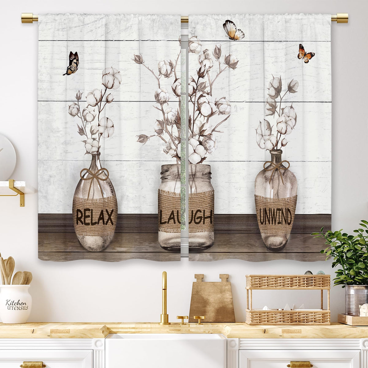 Teal Farmhouse Daisy Kitchen Curtains Wooden Flower Small Short Cafe Window Curtains Rustic Floral Butterfly Country Bathroom Drapes Treatment Tier Curtains 2 Panels (27.5x39 Inch)