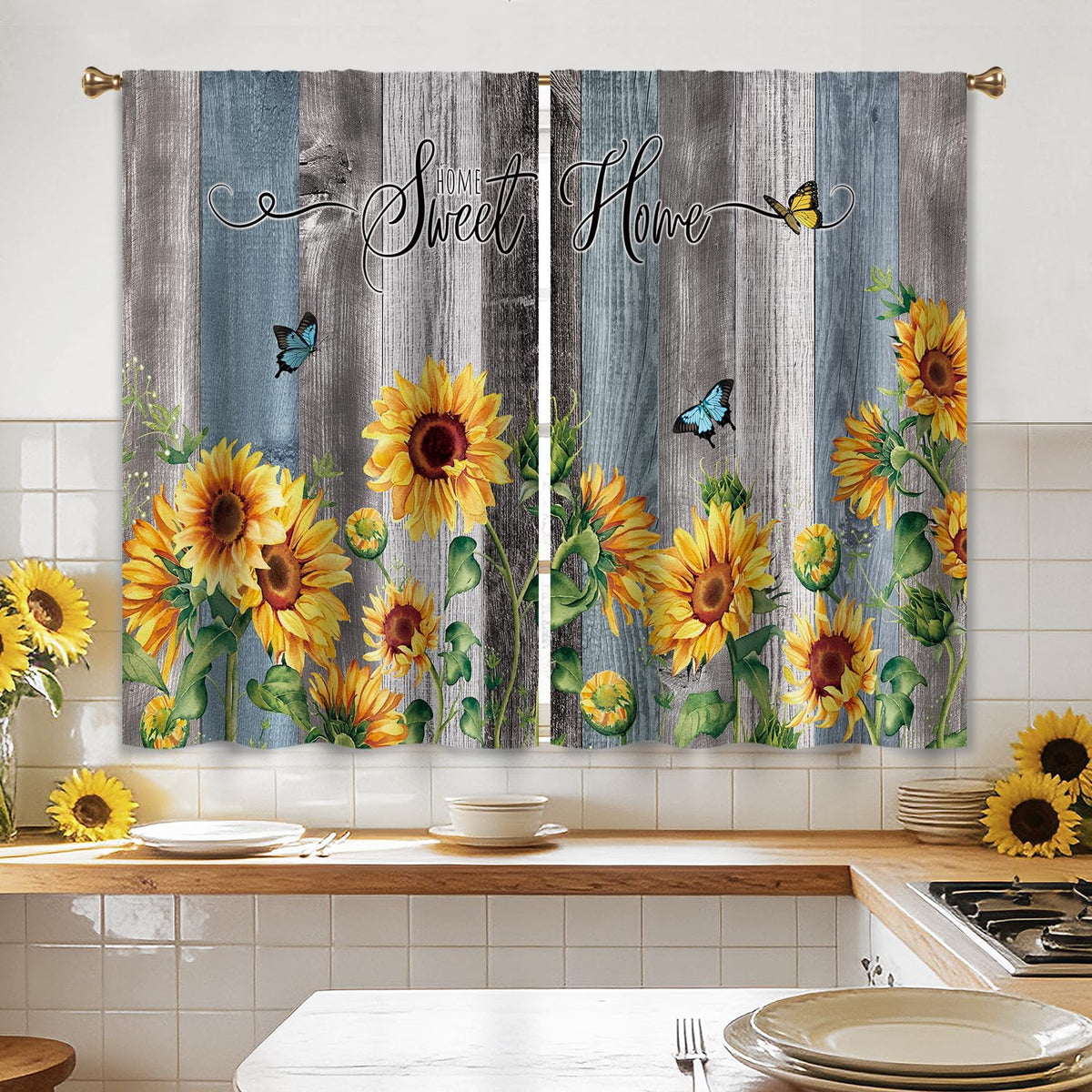 Farmhouse Sunflower Kitchen Curtain Rustic Small Short Cafe Window Curtains Country Wooden Barn Inspirational Bathroom Window Drapes Treatment Tier Curtains 2 Panels (27.5x39 Inch)