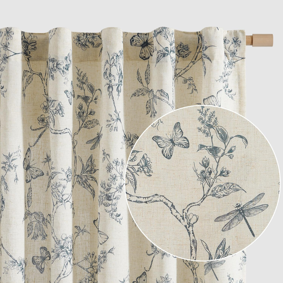 Lazzzy Green Floral Linen Curtains Farmhouse Rod Pocket 50W X 84L 2 Panels