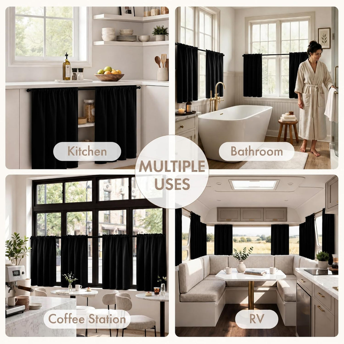 MIULEE Short 36 Inch Blackout Kitchen Window Curtain Black Set of 4 Panels