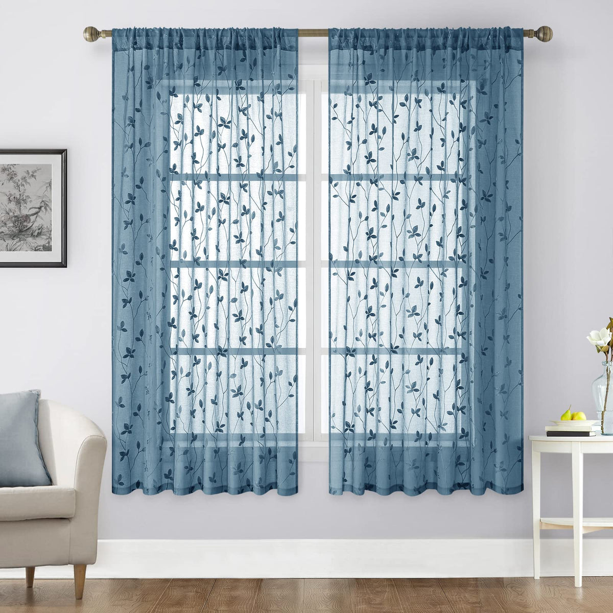 HOMEIDEAS Sage Green Kitchen Tier Curtains Leaf Embroidered, 30x36, 2 Panel