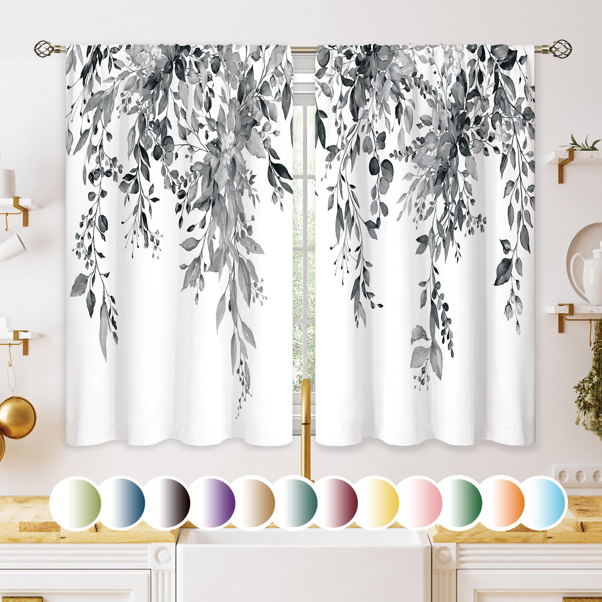 Eucalyptus Botanical Leaves Floral Kitchen Window Curtains Over Sink Boho Farmhouse Flower Leaf Small Window Treatment Sage Green Cafe Short Curtains for Bathroom Tier Drapes 27.5x39 inch