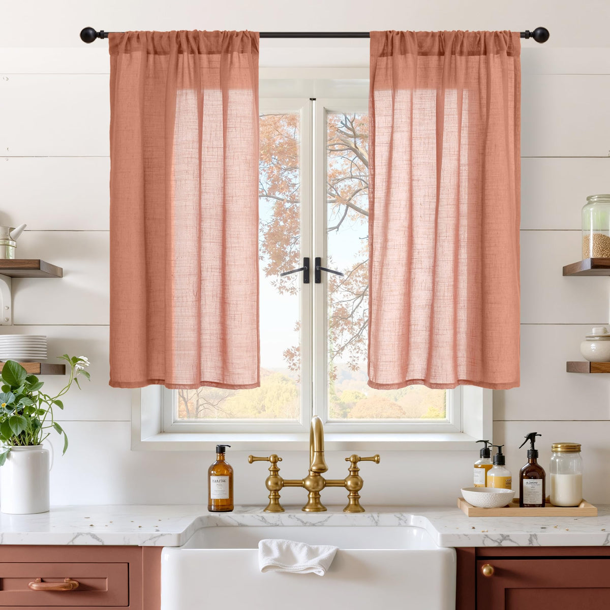 BGment Linen Kitchen Window Curtains Over Sink, 36 Inch Length Cafe Drapes