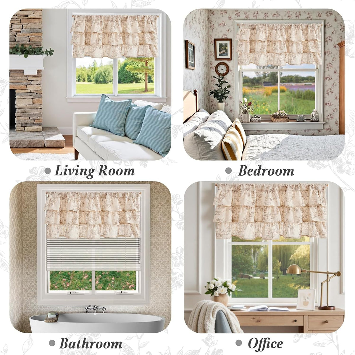jinchan Alisa Ruffled Floral Valance Curtain 18 Inch 1 Panel Taupe on Linen