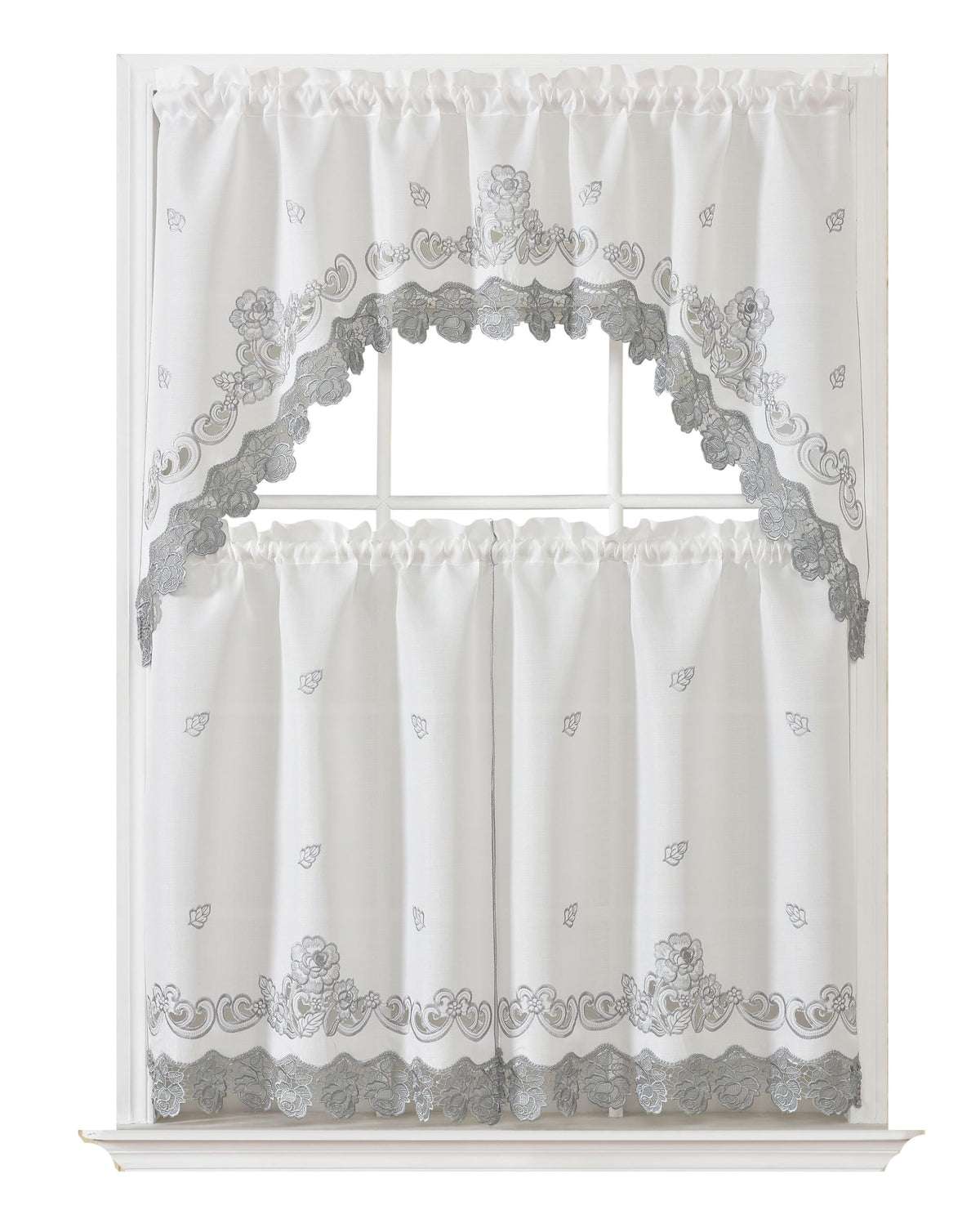 GOHD Lace Rosarium Kitchen Curtains, 3PCS Kitchen Curtains and Valances Set, Elegant White Fabric with Rose Embroidery and Lace. (Grey, Swag and 22 inches Tiers Set)