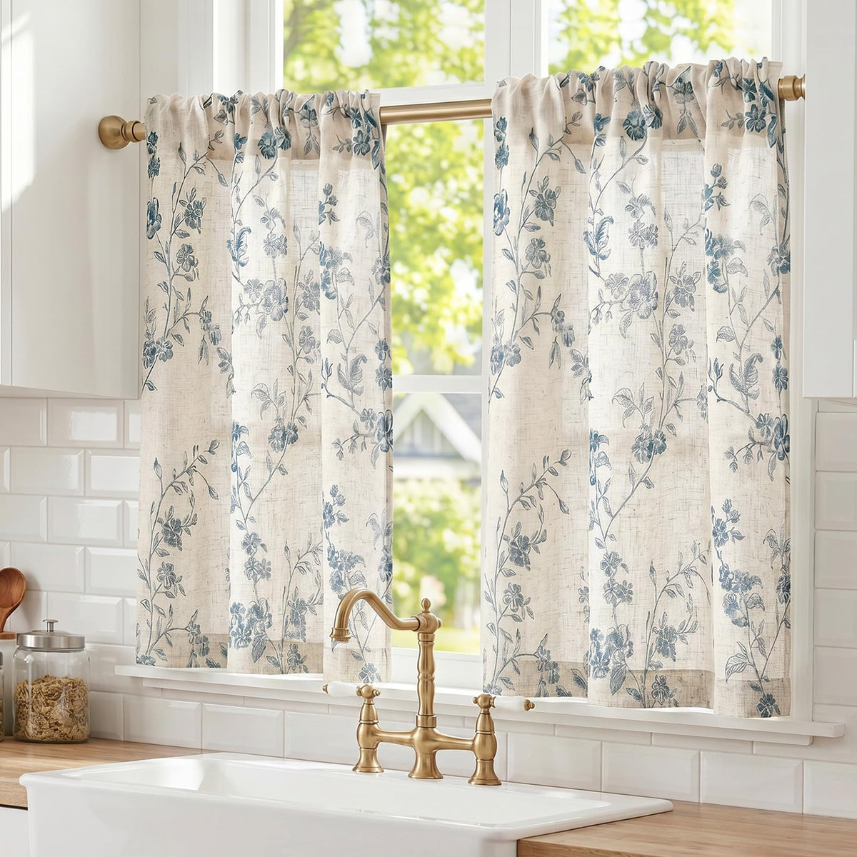 Lazzzy Green Vintage Floral Linen Curtains Farmhouse 26W X 36L 2 Panels