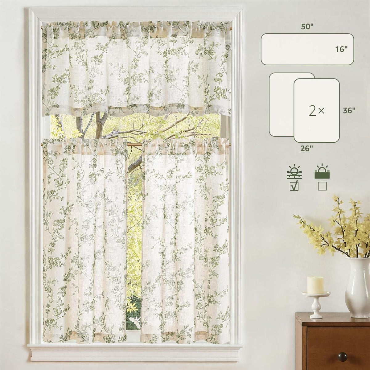 jinchan Green Linen Floral Kitchen Tier Curtains and Valance Set 3 Pieces