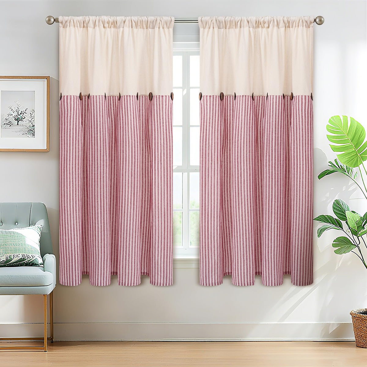 ASPMIZ Cotton Linen Kitchen Valance Curtains, Boho Rustic Button Linen Valances for Windows Farmhouse, Black with Grey Stripe Valance Window Topper Treatment Window Valances for Bathroom, 52 x 18 Inch