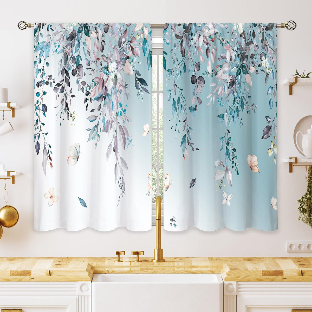 Eucalyptus Botanical Leaves Floral Kitchen Window Curtains Over Sink Boho Farmhouse Flower Leaf Small Window Treatment Sage Green Cafe Short Curtains for Bathroom Tier Drapes 27.5x39 inch