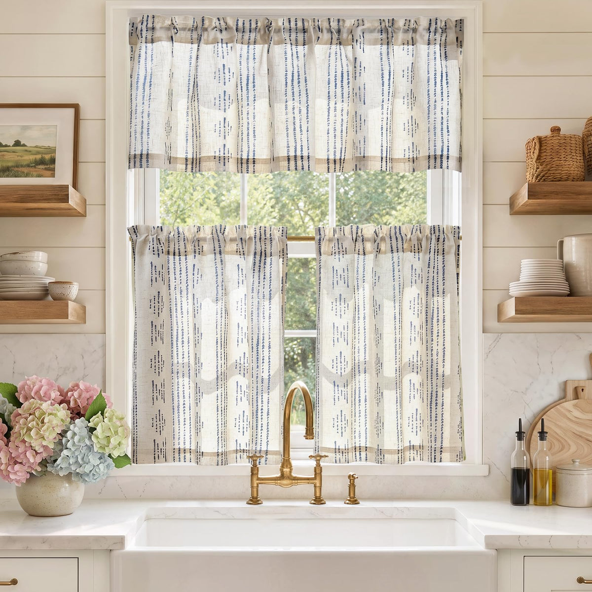 jinchan Sage Green Linen Kitchen Curtains and Valance Set Rod Pocket