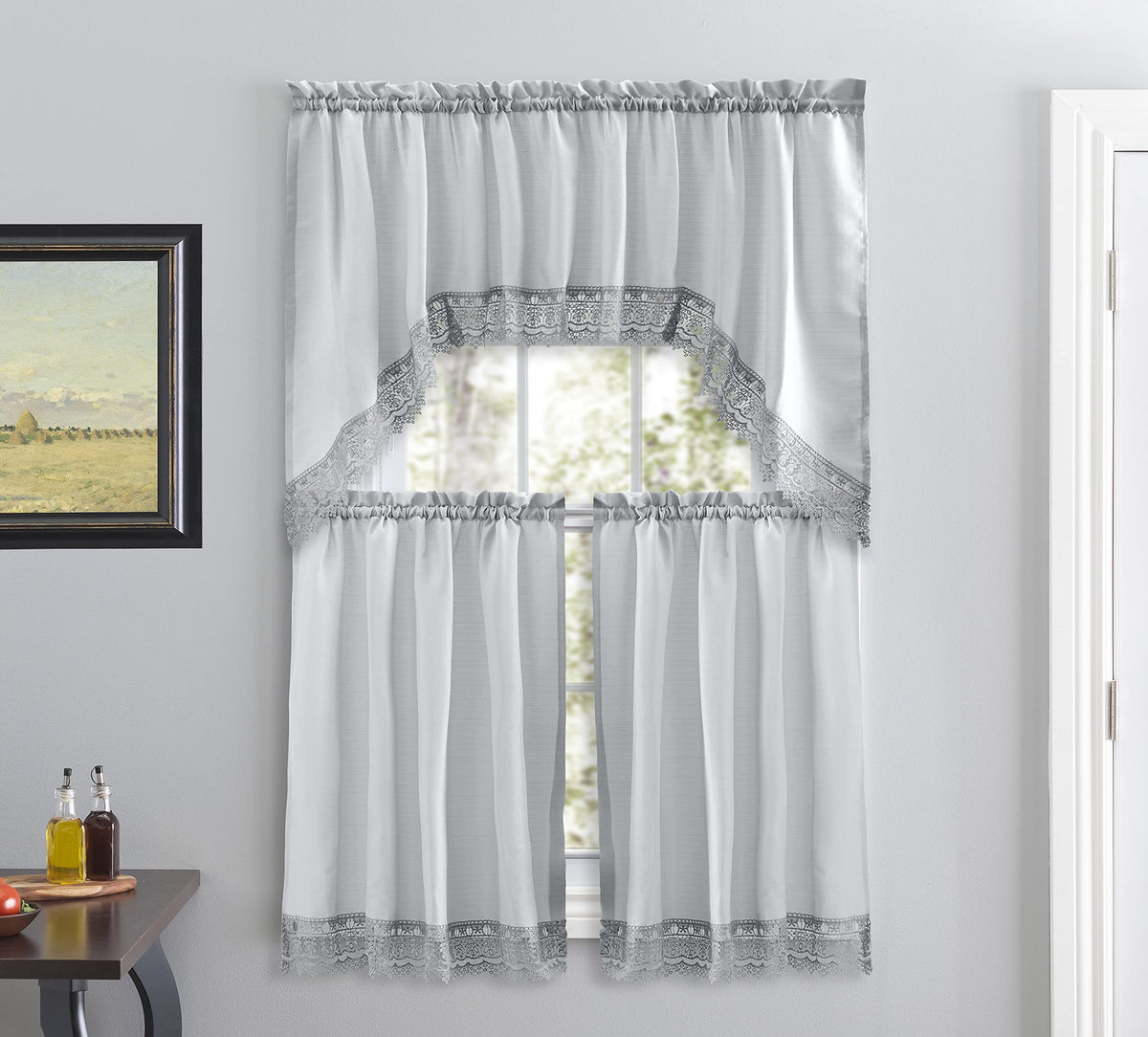 American Linen 3-Piece Kitchen Café Curtains with Embroidered Lace (White)
