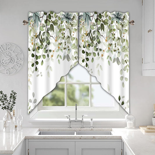 Sage Green Eucalyptus Leaves Swag Curtains 1 Pair, 28x36 in