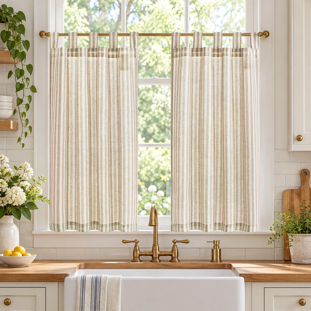 jinchan Striped Linen Kitchen Tier Curtains, 30 Inch, Sage Green, 2 Panels