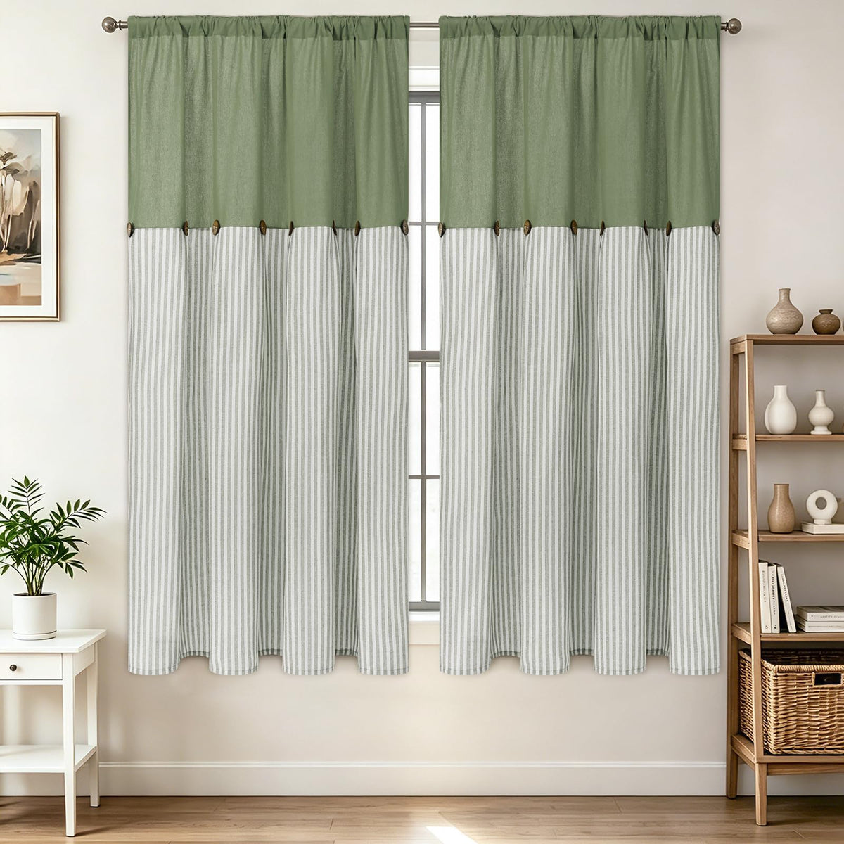 BLEUM CADE Farmhouse Kitchen Curtains 36 Inch, Cotton Linen Cafe Curtains with Rustic Buttons, Boho Small Window Curtains for Bathroom, Green Stripe Half Window Drapes Over Sink, 2 Panels