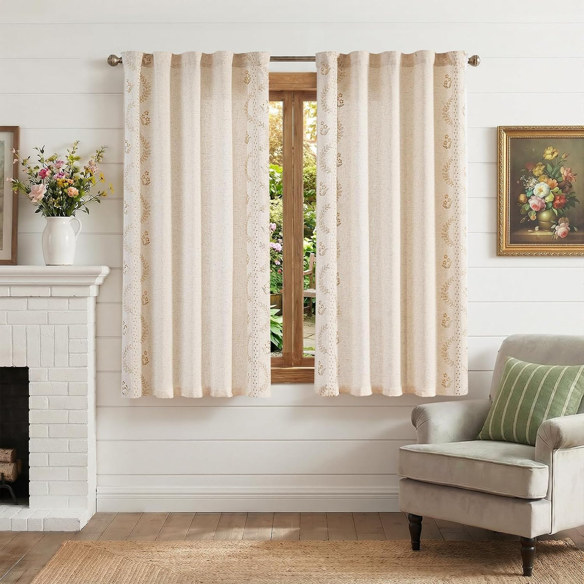 jinchan Beige Floral Linen Kitchen Tier Curtains 50x54 Inch 2 Panels