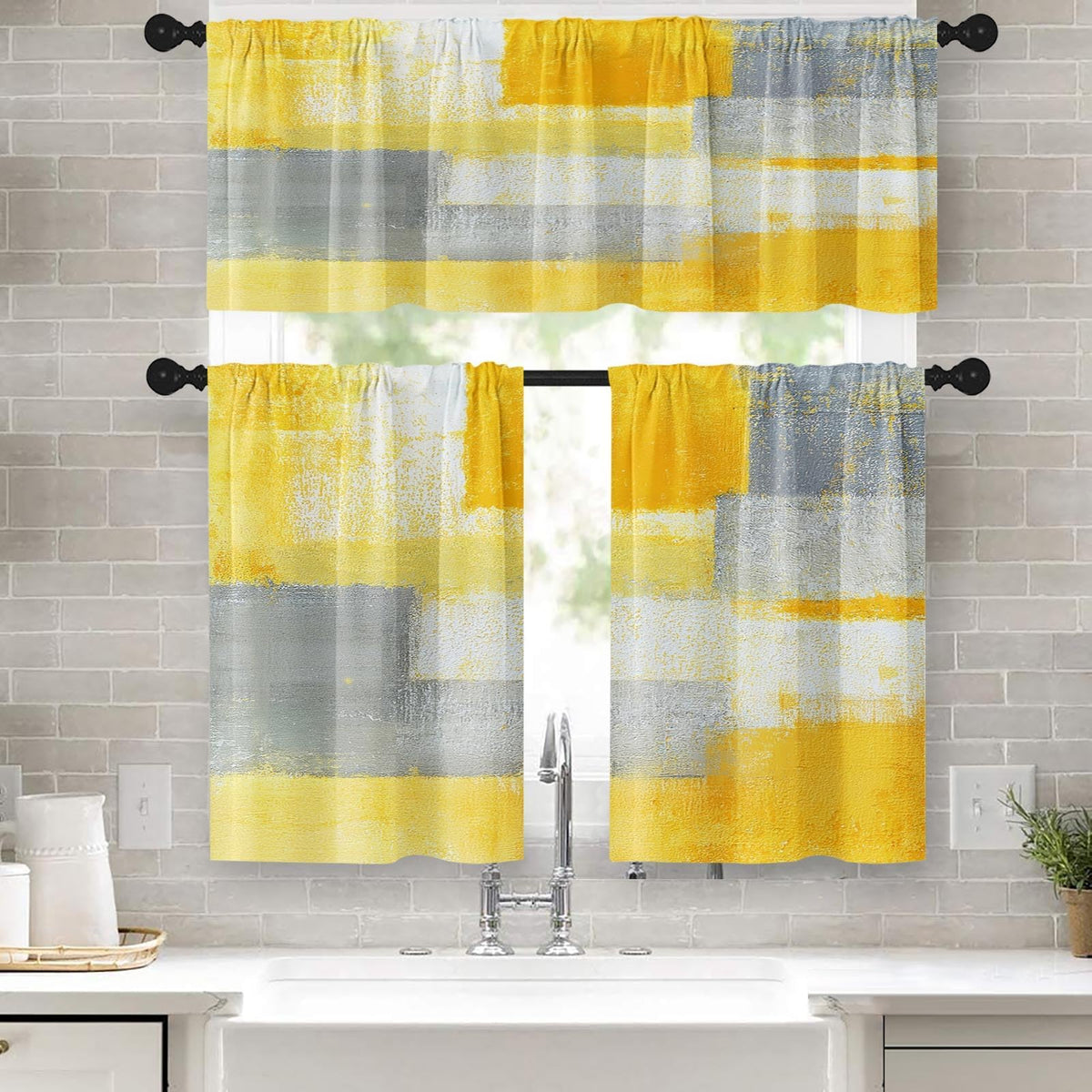 Kitchen Curtains Sets for Windows, 52x36 Inch, 3 Pack Abstract