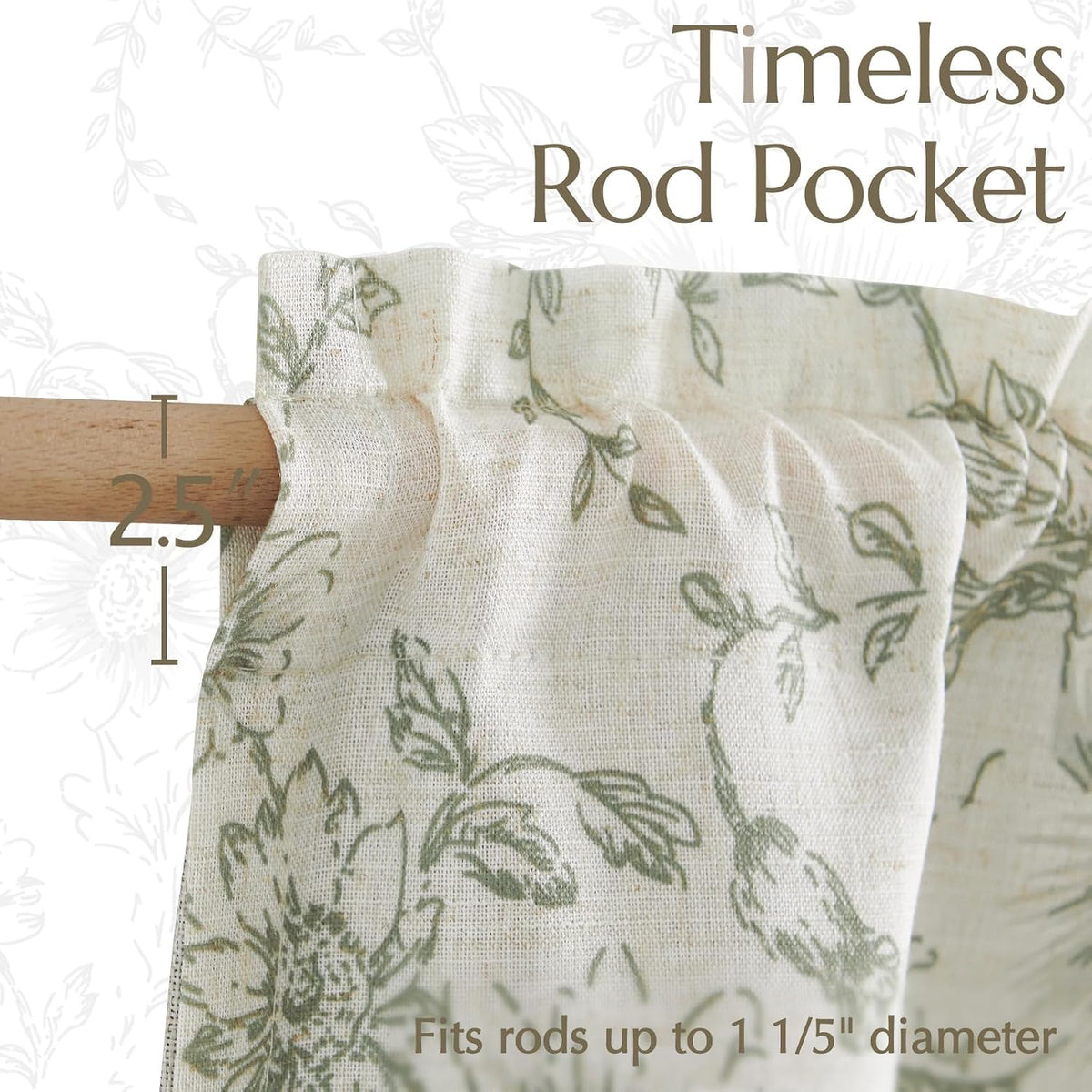 jinchan Floral Linen Kitchen Valance Curtain, 50x18, 1 Panel, Green