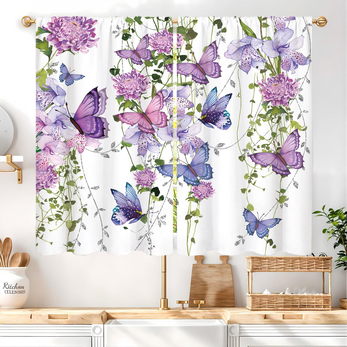 Yellow Sunflower Kitchen Curtains 42W X 63L Inch 2 Panels Rod Pocket Country Rustic Floral Flower Butterfly Farmhouse Over Sink Small Short Cafe Tier Window Treatment Bathroom Decor