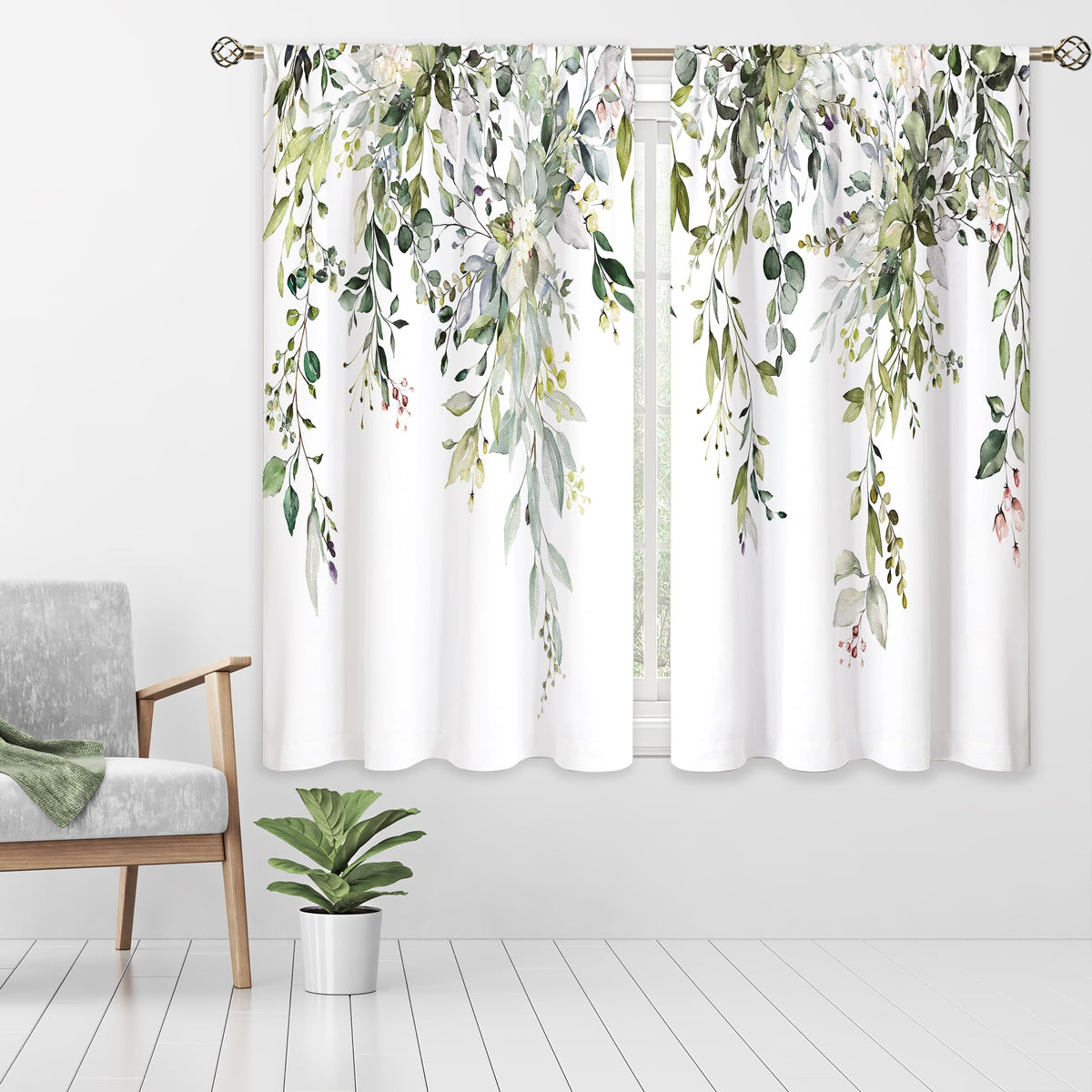Eucalyptus Botanical Leaves Floral Kitchen Window Curtains Over Sink Boho Farmhouse Flower Leaf Small Window Treatment Sage Green Cafe Short Curtains for Bathroom Tier Drapes 27.5x39 inch