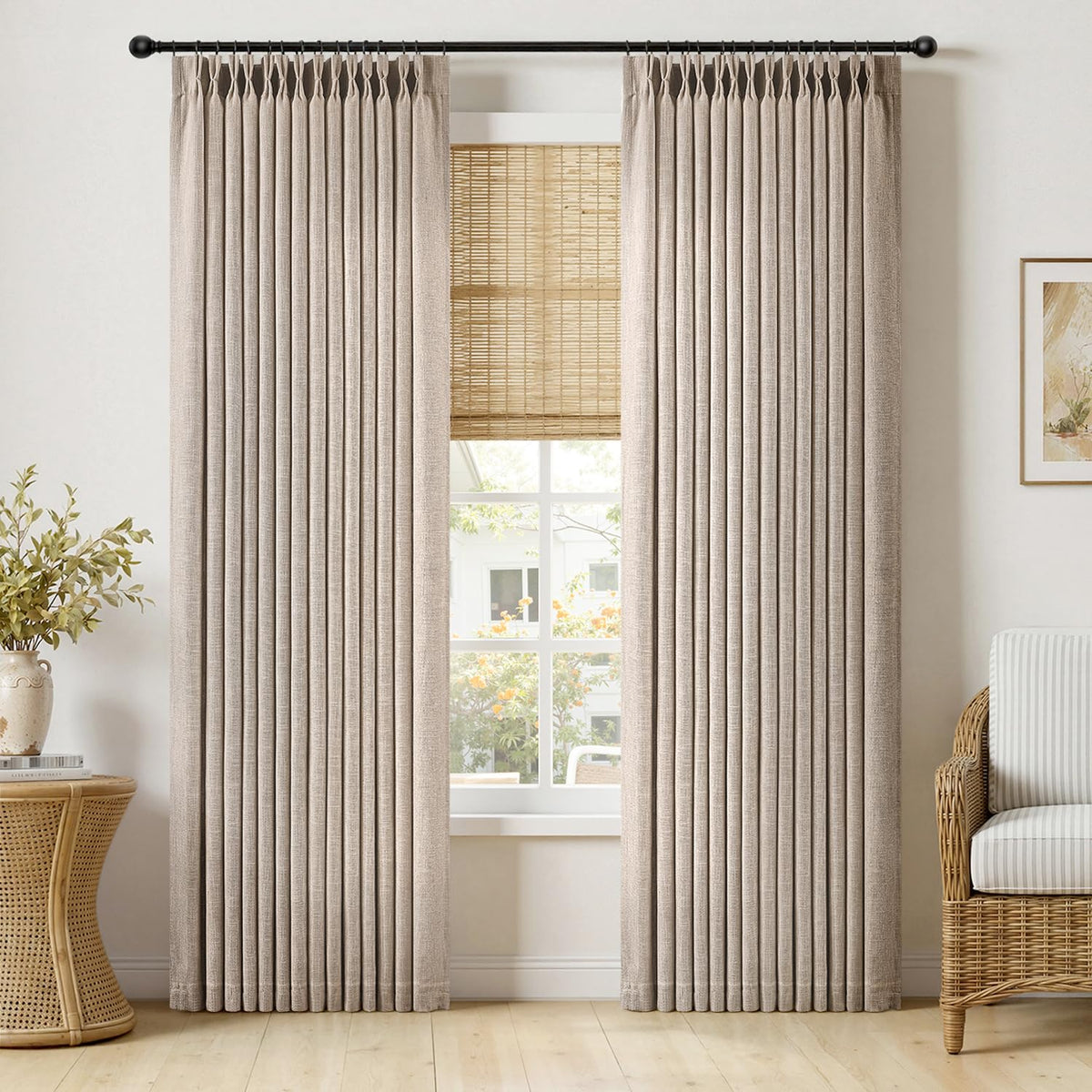 MIULEE Pinch Pleated Thick Linen Curtains 36 Inches Long 2 Panels Natural
