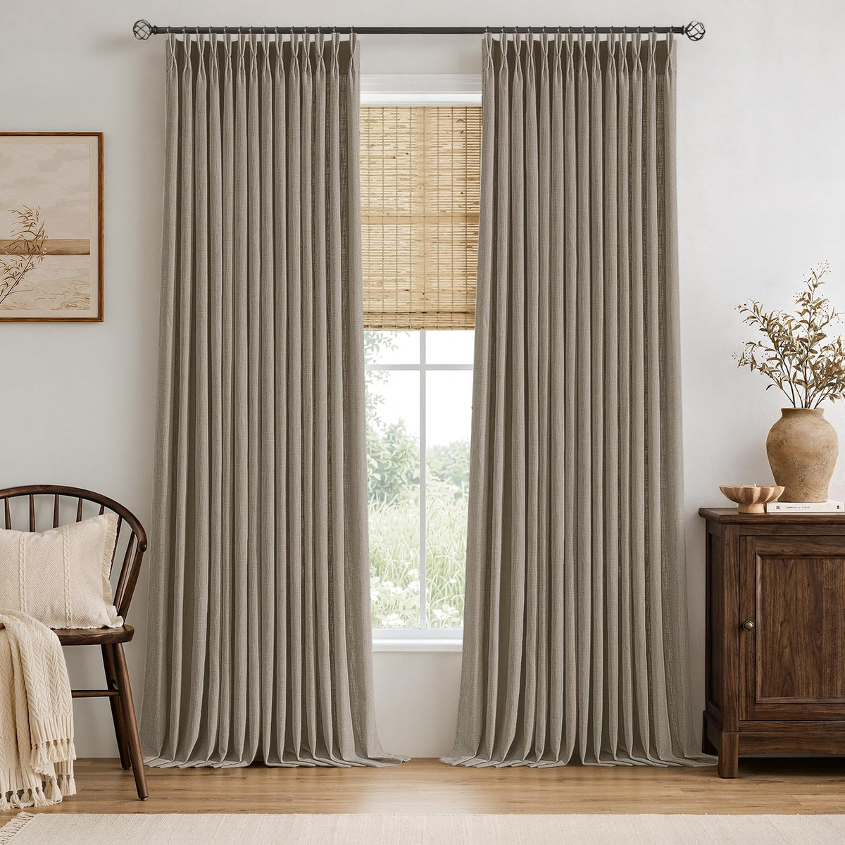 MIULEE Pinch Pleated Thick Linen Curtains 36 Inches Long 2 Panels Natural