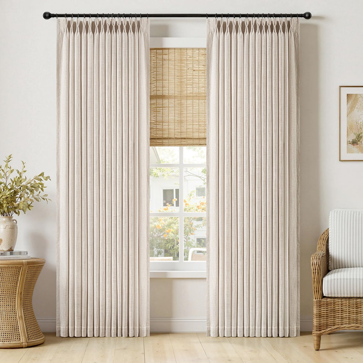 MIULEE Pinch Pleated Thick Linen Curtains 36 Inches Long 2 Panels Natural