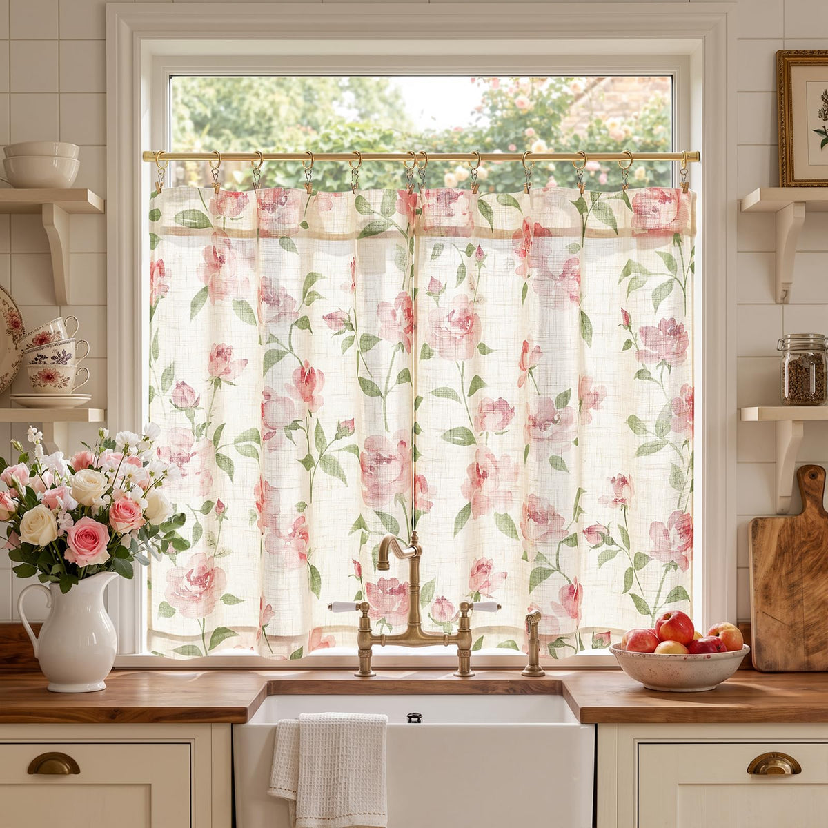 jinchan Hattie Floral Linen Kitchen Tier Curtains Beige 30 in 2 Panels
