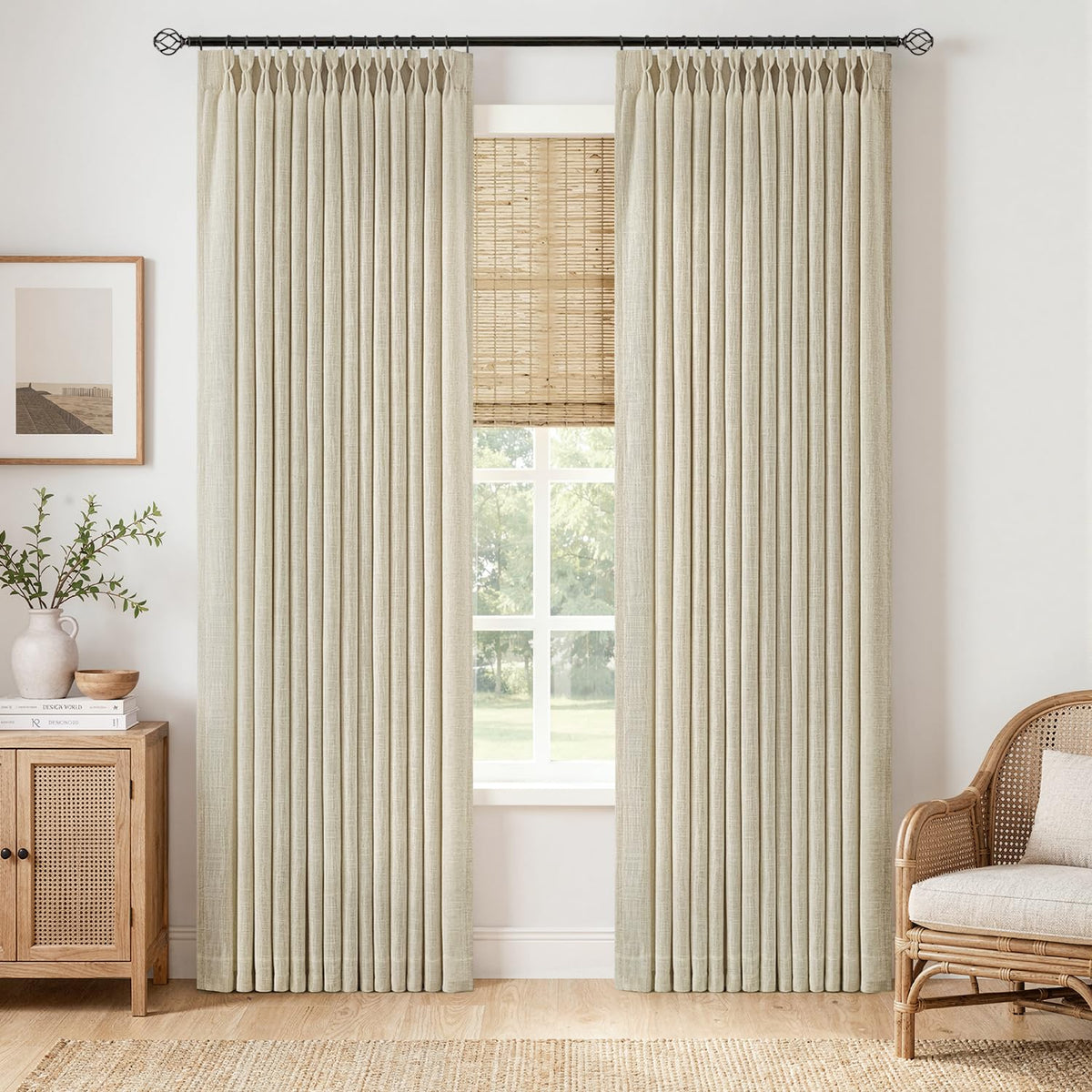 MIULEE Pinch Pleated Thick Linen Curtains 36 Inches Long 2 Panels Natural