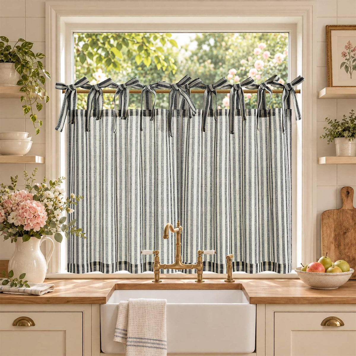 jinchan Striped Linen Kitchen Tier Curtains, 20 Inch, Tan, 2 Panels