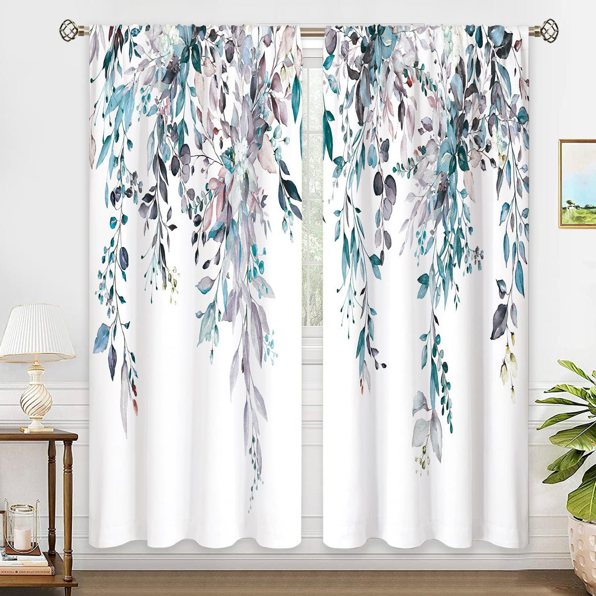 Eucalyptus Botanical Leaves Floral Kitchen Window Curtains Over Sink Boho Farmhouse Flower Leaf Small Window Treatment Sage Green Cafe Short Curtains for Bathroom Tier Drapes 27.5x39 inch