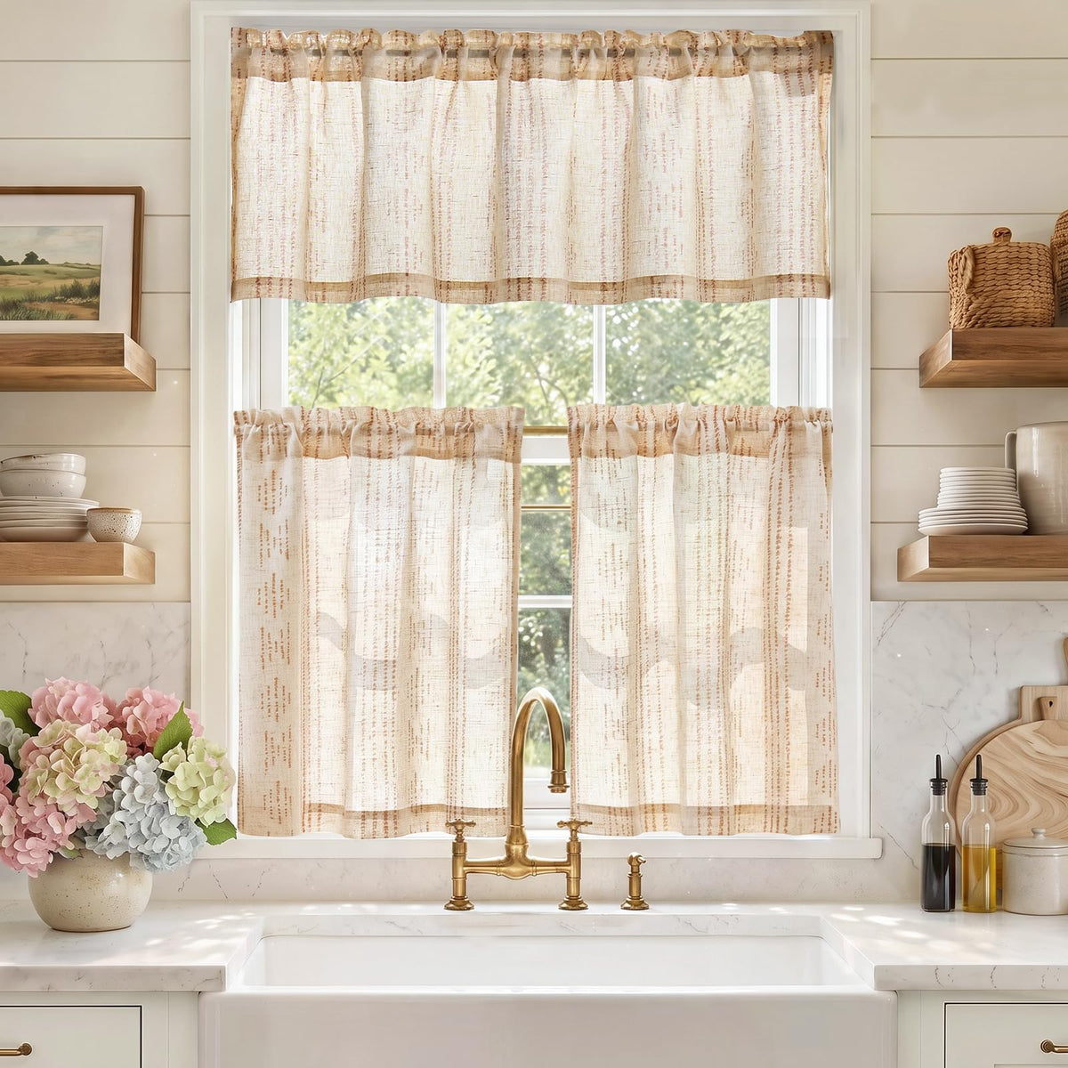 jinchan Sage Green Linen Kitchen Curtains and Valance Set Rod Pocket