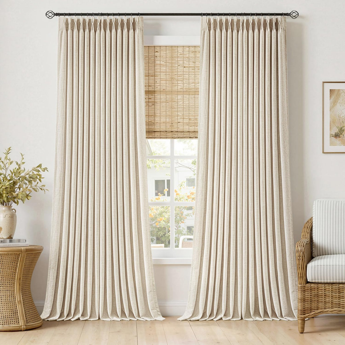 MIULEE Pinch Pleated Thick Linen Curtains 36 Inches Long 2 Panels Natural