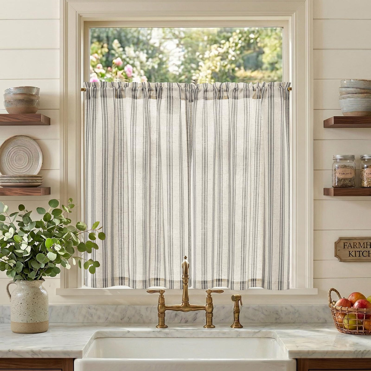 jinchan Linen Striped Tier Curtains for Kitchen Windows Farmhouse