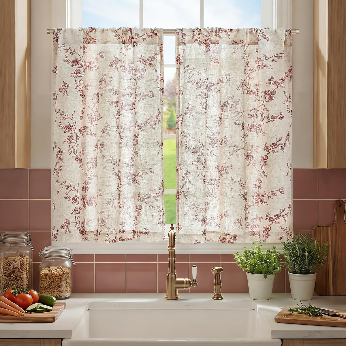 jinchan Floral Linen Kitchen Tier Curtains, 36 Inch, 2 Panels, Taupe