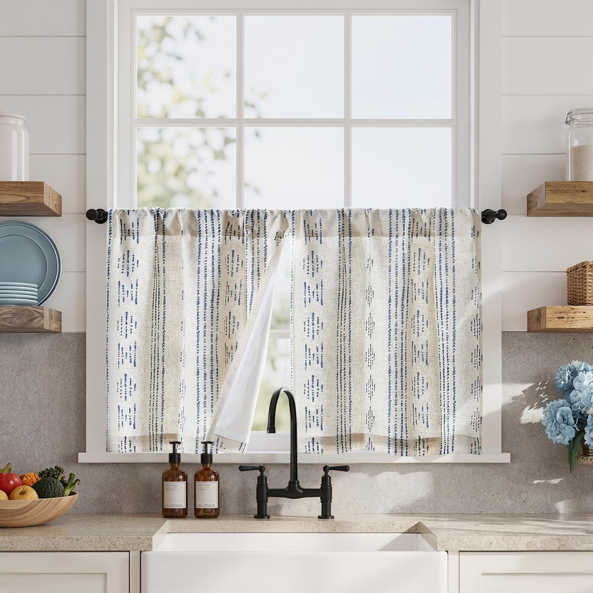 jinchan Blackout Kitchen Tier Curtains 36 Inch Rod Pocket Blue on Beige