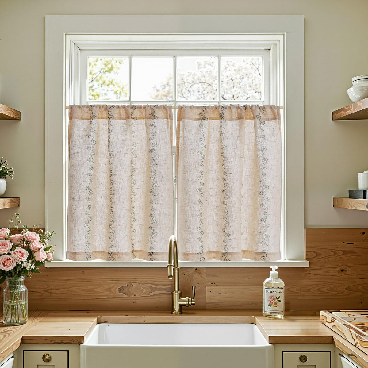 jinchan Hattie Floral Linen Kitchen Tier Curtains Beige 30 in 2 Panels