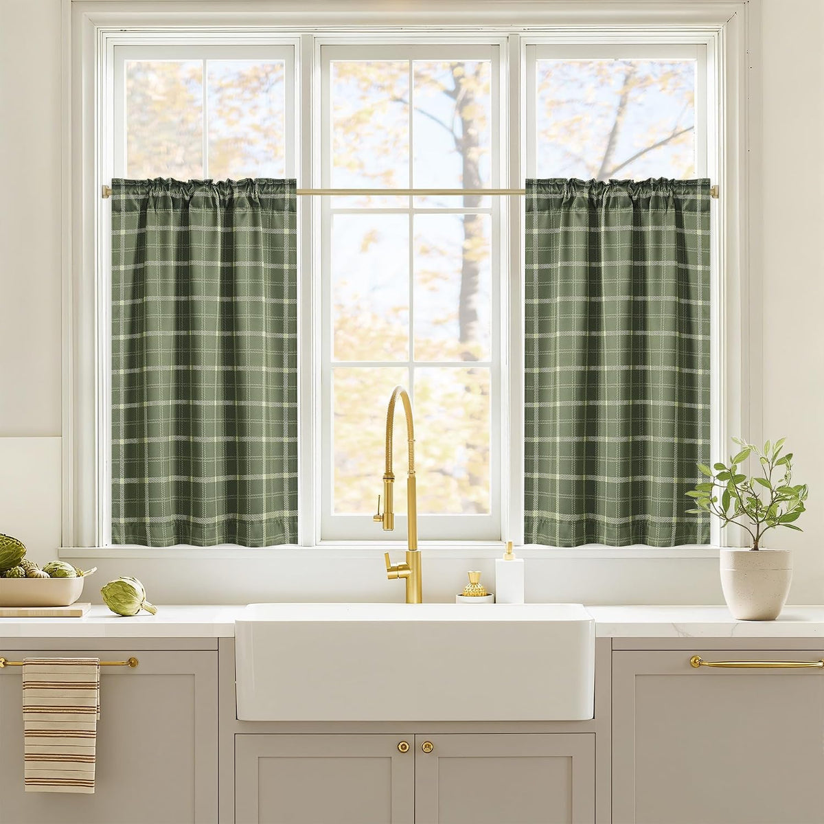 NICETOWN Olive Green Farmhouse Gingham Tiers Kitchen 100% Blackout Curtains